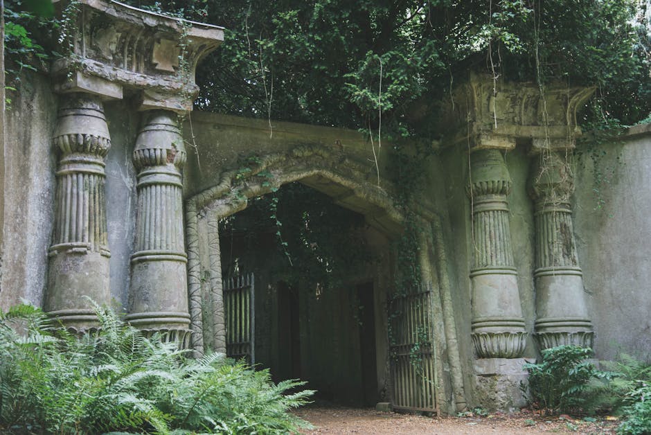 Photograph of an ancient stone archway surrounded by overgrown greenery, featuring weathered stone columns with decorative carvings at the top. The arch appears to lead into a dark, enclosed space, with metal gates visible within the opening. Ivy and plants grow on and around the stone structure, which shows signs of aging and moss growth. The area is shaded by trees overhead, with dappled sunlight filtering through the foliage, creating a natural, slightly overgrown atmosphere. This image captures the contrast between the historic stone architecture and the wild vegetation, providing a neutral depiction aligned with themes of building and property surroundings relevant to house removals and moving services by Man with Van Highgate.