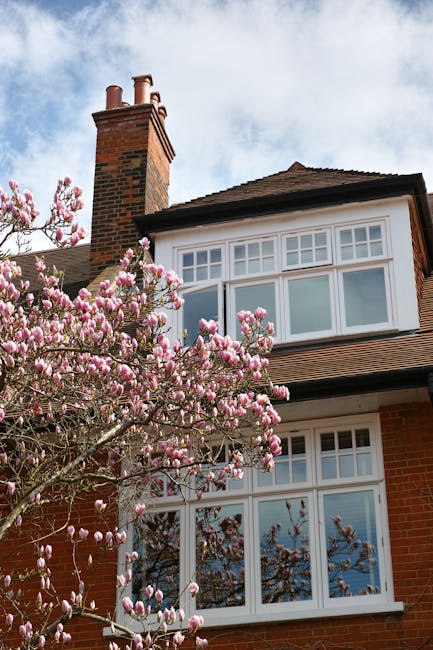 Photograph of a large multi-story residential building with a brick facade, situated on Swains Lane in Highgate. The building features numerous white-framed sash windows, some with small balconies, and has a classical architectural style with decorative stonework around the entrance. The roof is partially covered with snow, and several tall brick chimneys are visible at the top. Surrounding the property, there are leafless trees and tall ornamental grasses, indicating a winter season. The sky above is clear and blue. This image, captured during daylight, exemplifies a typical period property suitable for house removals and furniture transport, which [COMPANY_NAME] may assist with during home relocation or packing and moving services.